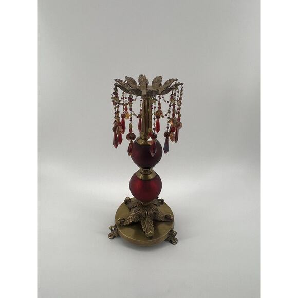 Victorian Baroque Ornate Beaded Ruby Red Glass Brass Candle Holder Prisms - Picture 9 of 11